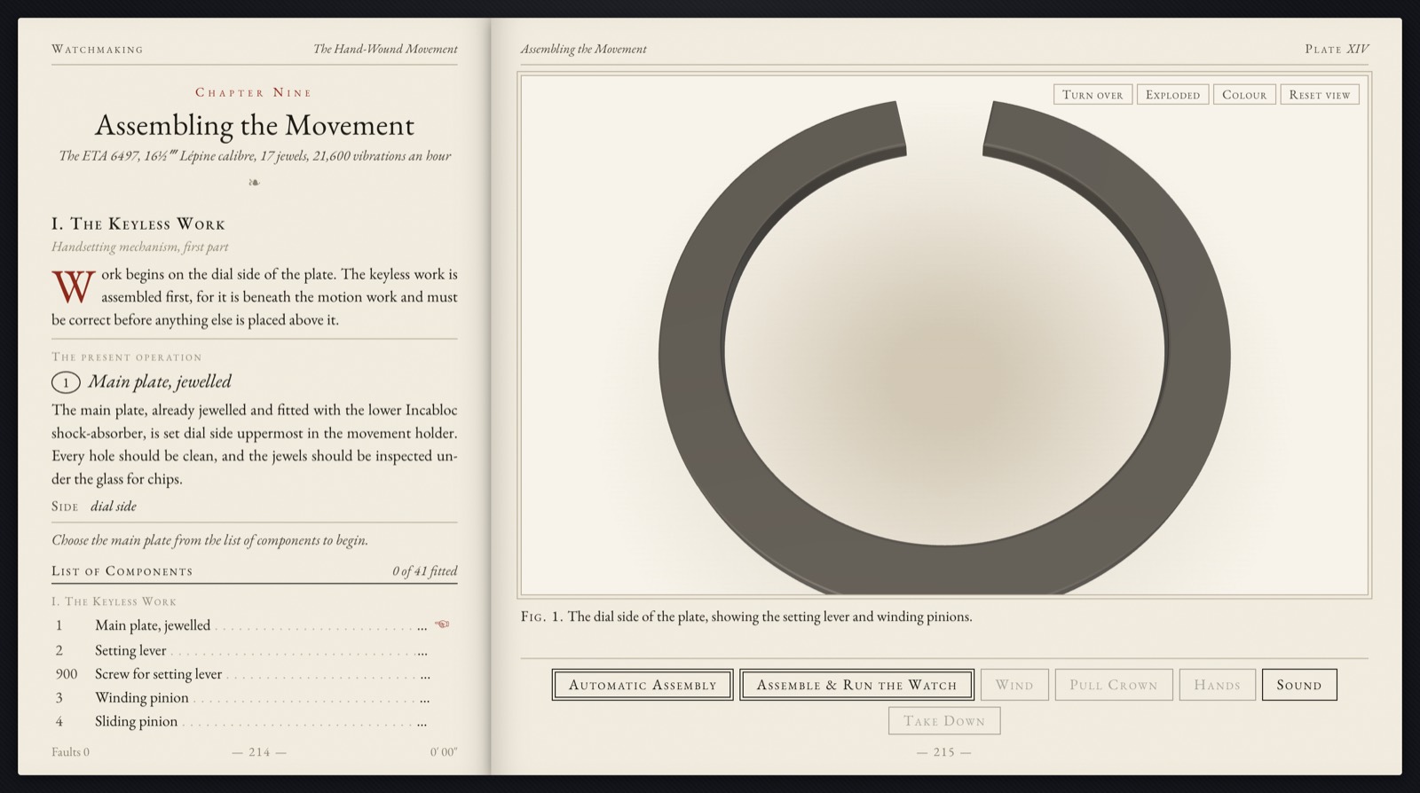 The first rendered frame: an empty dark split-ring movement holder on a cream page.