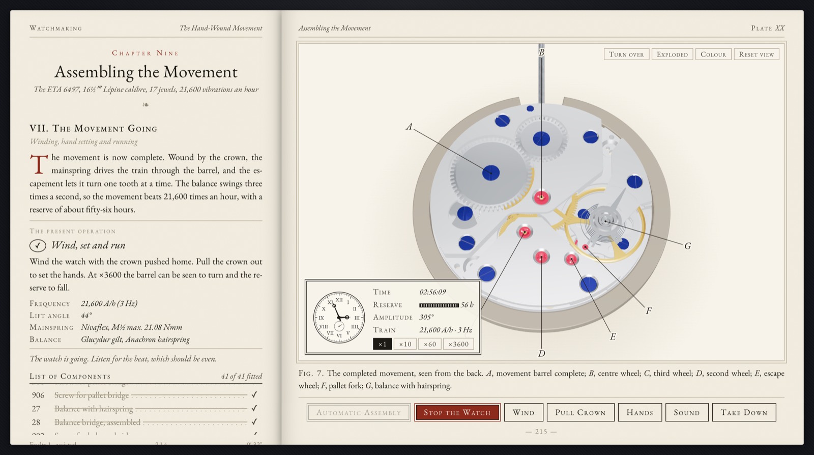 The completed movement seen from the back in colour, running, with a rate card showing time, a full 56-hour reserve, 305 degrees of amplitude and the beat rate.