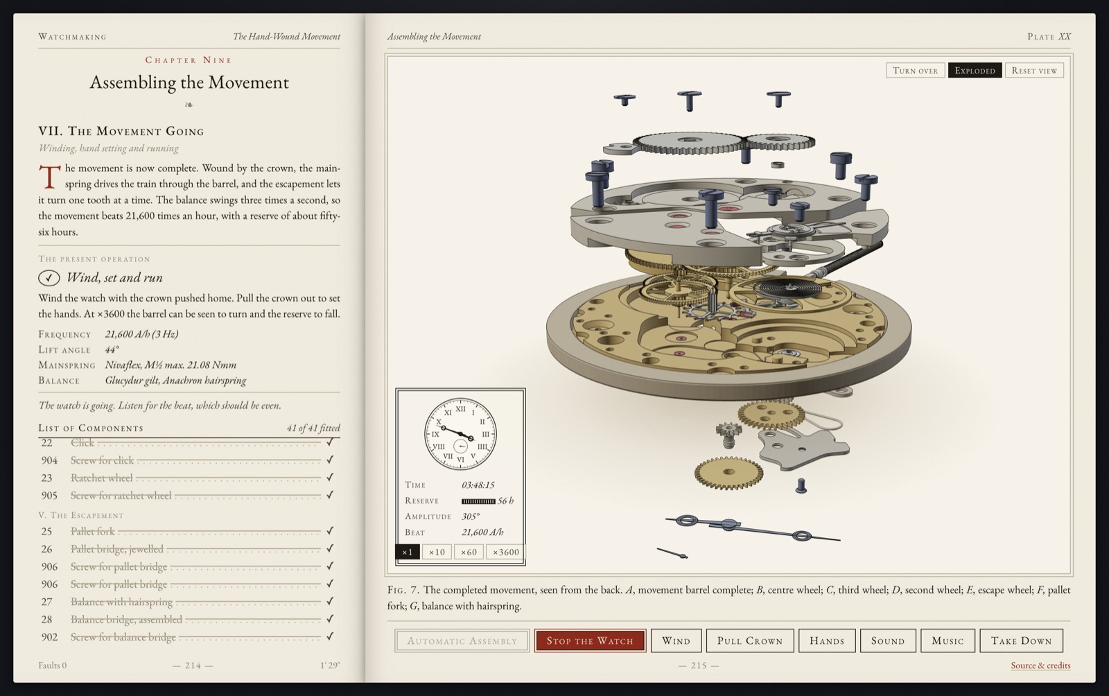 A two-page book spread. The left page lists the components of the ETA 6497 in order of assembly. The right page shows the movement in an exploded side view: blued screws float above silver bridges, the gilt train and balance sit under them, the brass main plate is in the middle, and the motion work and blued hands hang below. A small engraved dial shows the time.